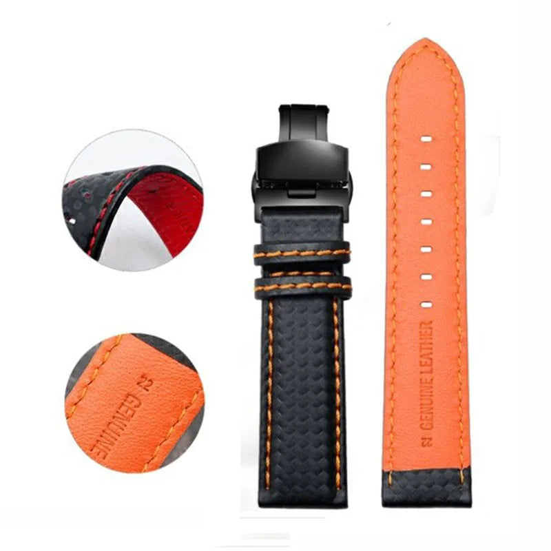 Carbon Fiber Pattern Leather Watch Strap 18mm 20mm 21mm 22mm 23mm 24mm Black Red Orange Stitching Watchband Bracelet Wristband