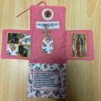 Handcrafted Pocket Shrine with Cross Included Inside,Faith Cross-Shaped Fabric Pouch Sewing Pocket with Saint Images Prayers ﻿