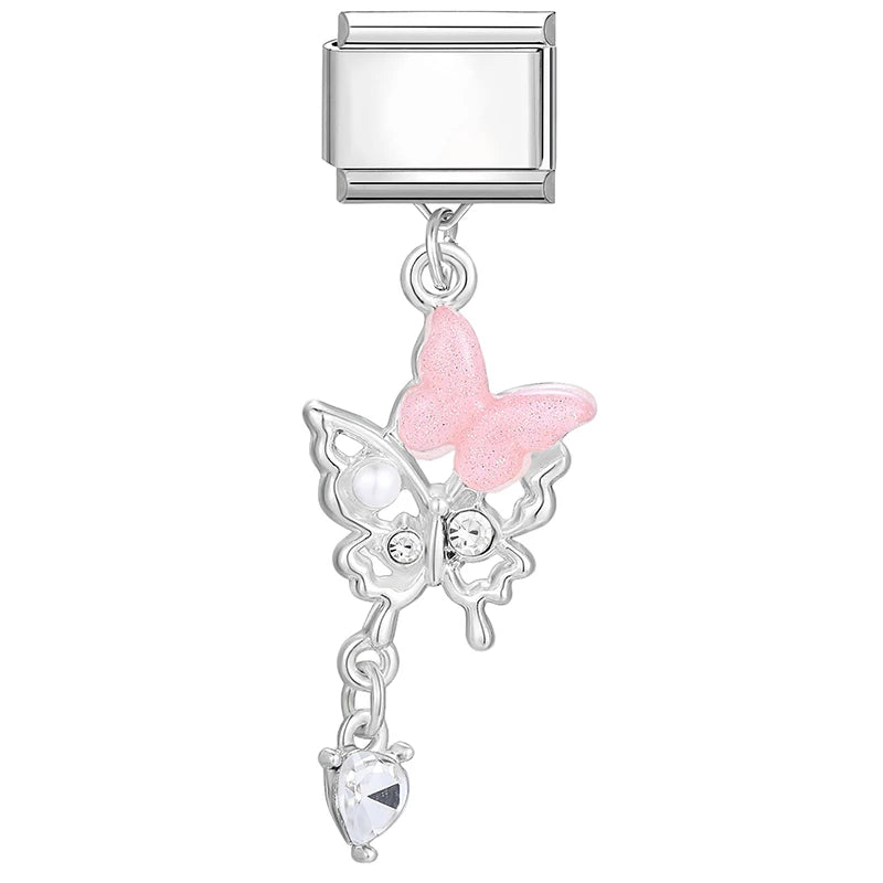 2025 New Sweet Pink Zircon Heart Bows Cherry Moon Star DIY Making Bracelet Women Men Stainless Steel 9mm Italian Charm Links Fit