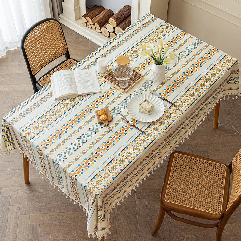 Waterproof and Oil Resistant Tablecloth Cotton and Linen Non Wash Fabric Ethnic Style Rectangular Tassel Homestay Tablecloth