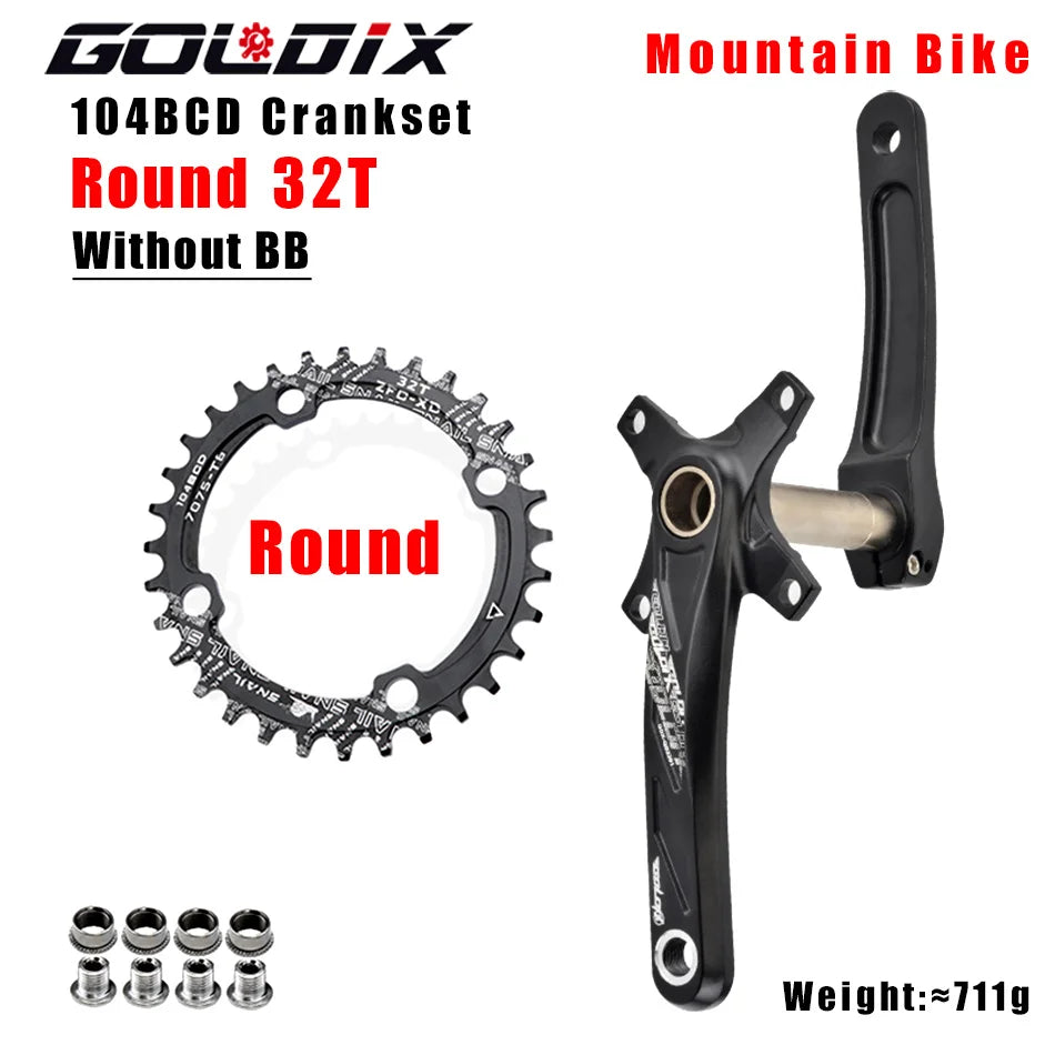GOLDIX Bicycle Crank Chainring 104BCD MTB Bike Crank Aluminum Alloy with Bottom 170mm Crank Black 32T 34T 36T 38T Plate