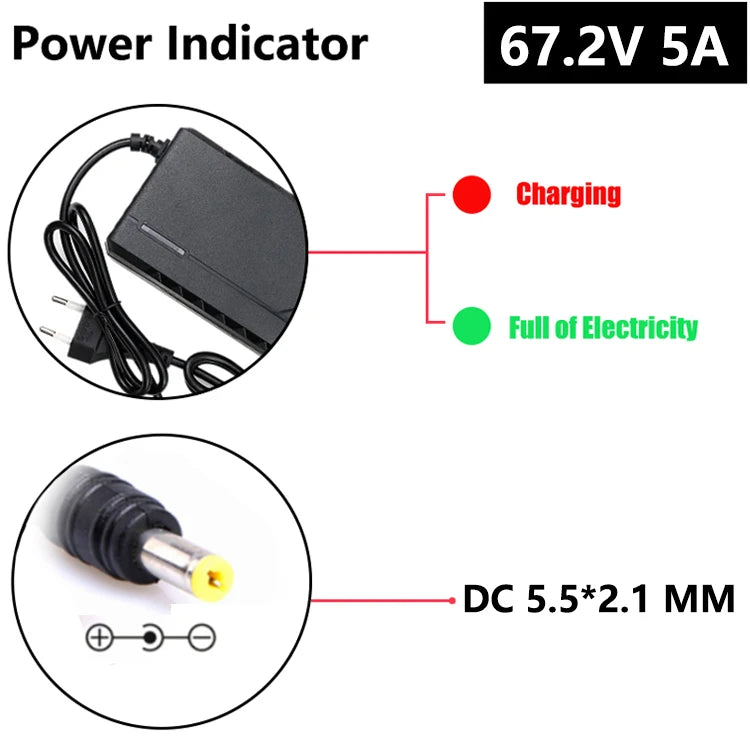 48V/60V/72V Charger 2A/5A Lithium-ion Battery Pack Charger 54.6V/67.2V/84V Intelligent Fast Charging EU Plug With Cooling Fan
