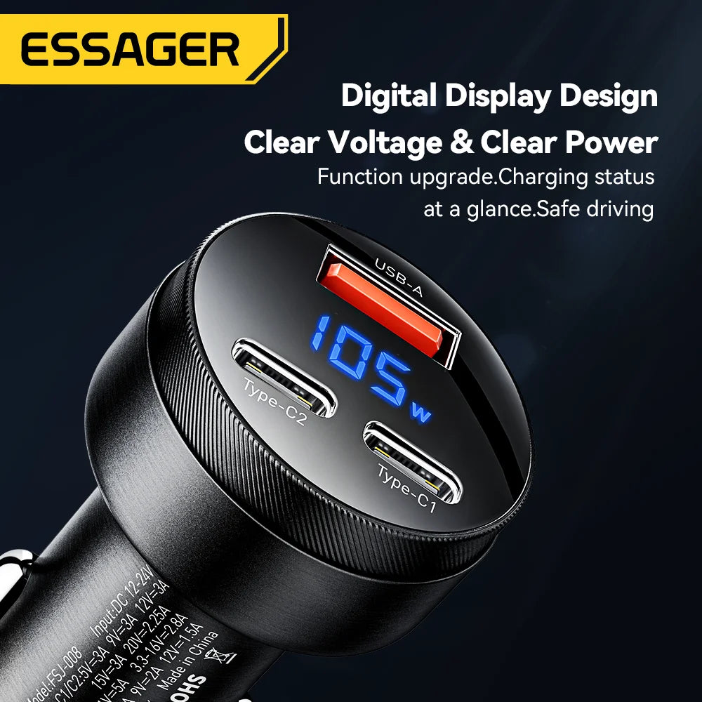 Essager 105W Digital Display Fast Car Charger For iPhone 15 14 pro MacBook USB A C Quick Charger For Xiaomi Samsung OPPO