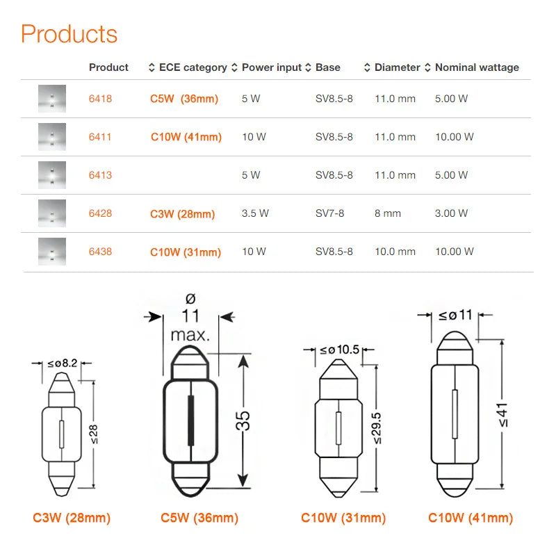 Car Signal Lamp 10pcs OSRAM C3W C5W C10W 12V SV7-8 6411 6438 6428 6418 12844 12866 Reading light Interior Halogen Bulbs
