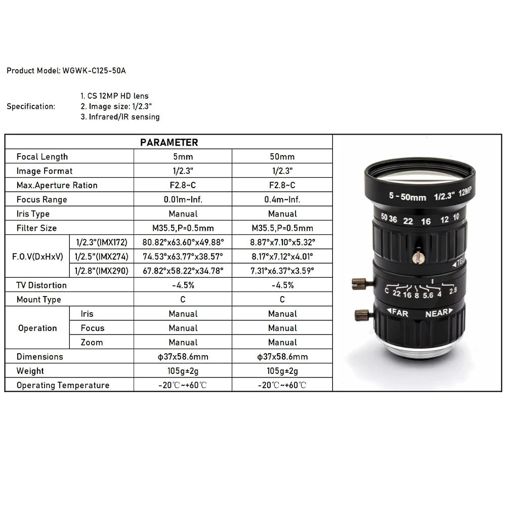 WGWK 4K 12MP CS Mount CCTV Lens 1/1.8" Format Manual Iris 5-50mm Industrial Zoom Lens For Machine Vision Surveillance IP Camera