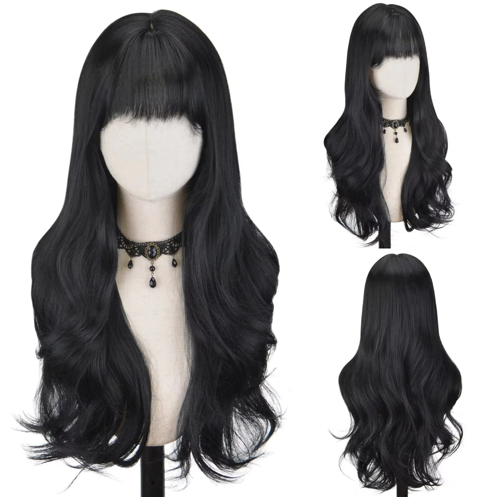 Long wavy synthetic wig 26 inch heat resistant, black or wine red or orange