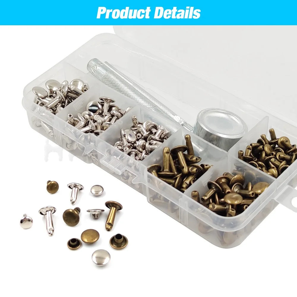 Metal Double Cap Rivets Stud Round Spike Nail With Tool Kits For Shoes Bag Belt Leathercraft Repair Clothing Garment Accessories