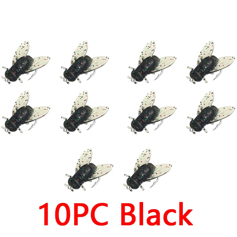10PCS 10/20mm PVC Fly Fishing Flies Soft Rubber Fly Fishing Lures Lifelike Flies Insects Lures Barbed Hooks Fishing Accessories