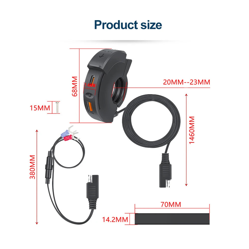 48W PD QC3.0 Motorcycle Handlebar USB Charger Socket, Waterproof Type-C Port, Switch/LED