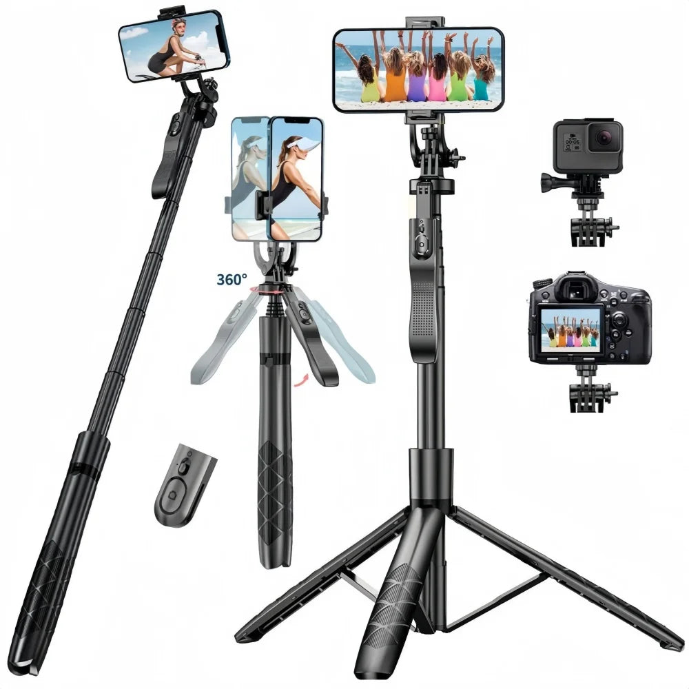 1.55m Extendable Selfie Stick Tripod with Bluetooth Remote, 360° Phone Mount, With/No Light