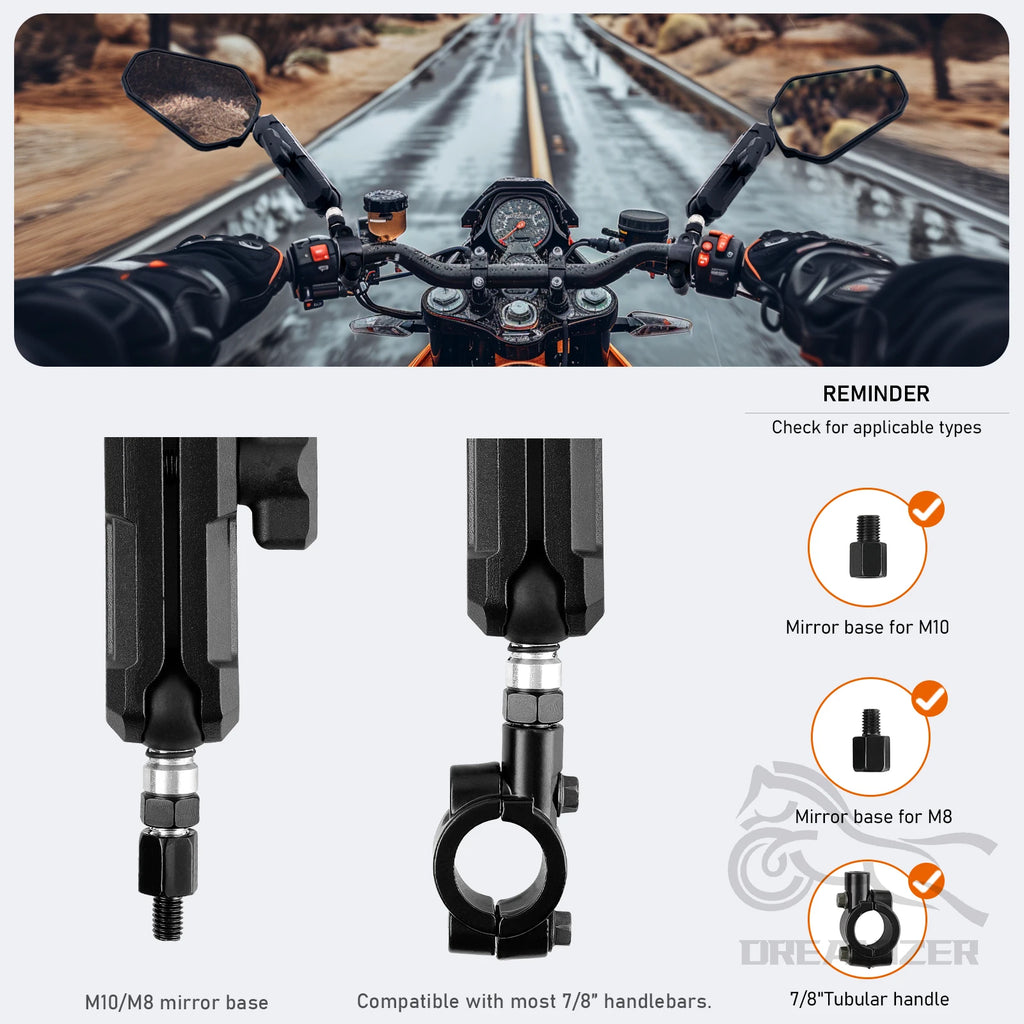 Universal Motorcycle Handlebar Side Mirrors, Adjustable Angle Folding, 1 Pair