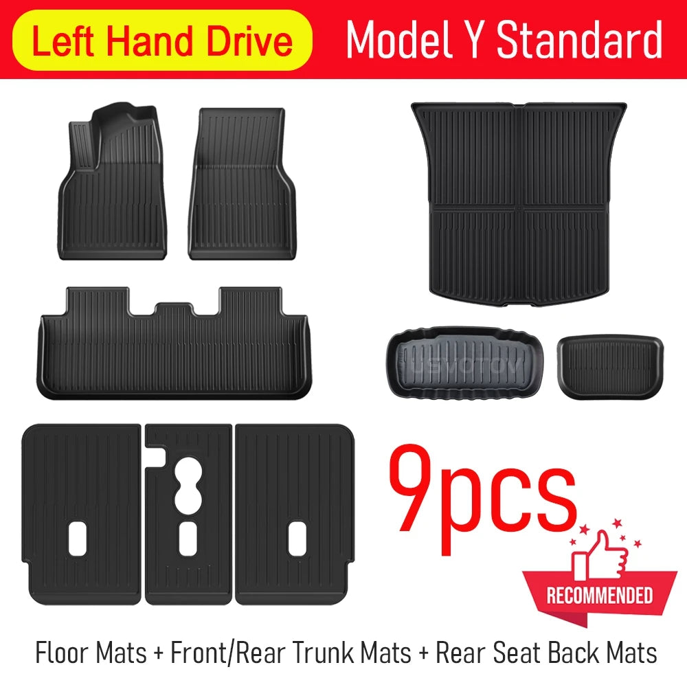 Tesla Model Y Standard 2025-2026 TPE trunk mat set, rear cargo + frunk options