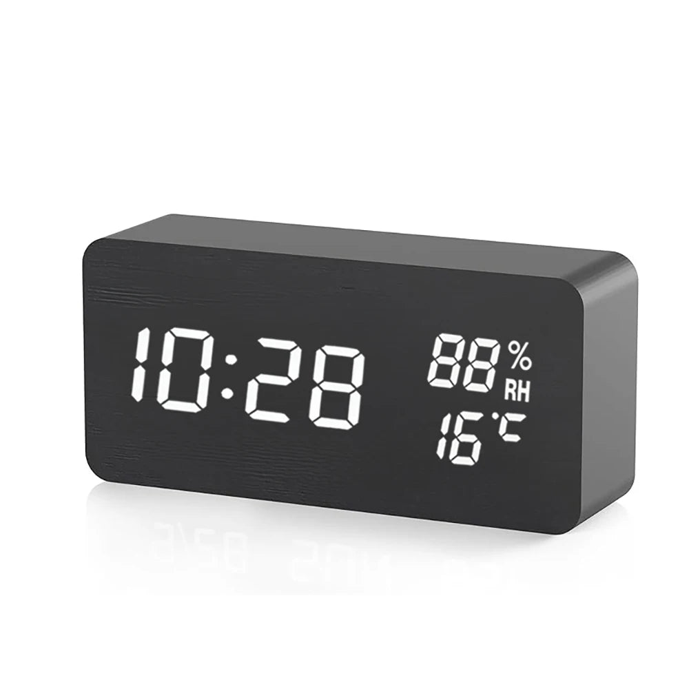 Wooden Digital Alarm Clock with Temperature Humidity LED Desk Clock for Office Bedroom Wooden Electric Clock Bedside Décor Gift