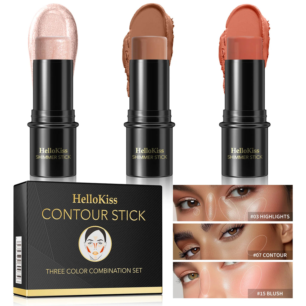 1 Set of 3 Contouring Sticks, Highlighter Sticks, and Blush Sticks, 3-Piece Cream Contouring Set, Creates Facial Contours, Non-Greasy