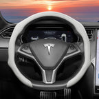 Suitable for Tesla Perforated Leather Steering Wheel Cover, Non-Slip, Sweat-Absorbent, Breathable, Integrated Snap-On Protective Case for Model 3 Y S X and Other Models, Available in Black, Orange, Red, White, Green