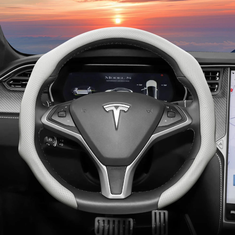 Suitable for Tesla Perforated Leather Steering Wheel Cover, Non-Slip, Sweat-Absorbent, Breathable, Integrated Snap-On Protective Case for Model 3 Y S X and Other Models, Available in Black, Orange, Red, White, Green