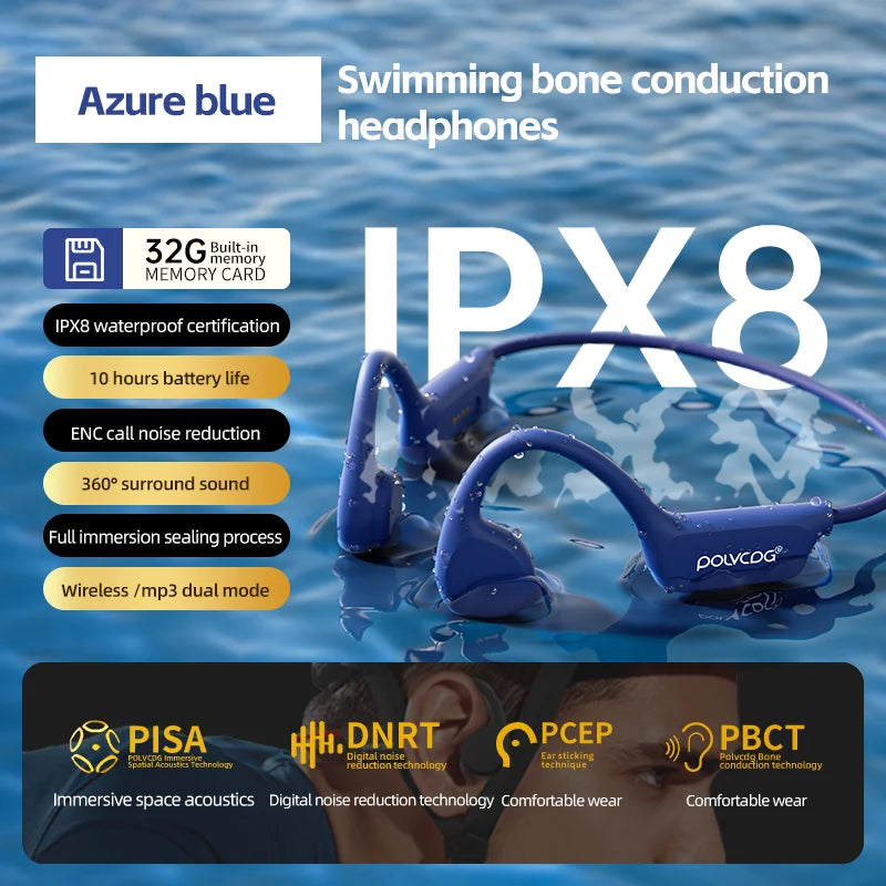 POLVCDG X7 Bone Conduction Bluetooth Swimming Headphones IPX8 Waterproof, 8GB, Blue/White/Black Red