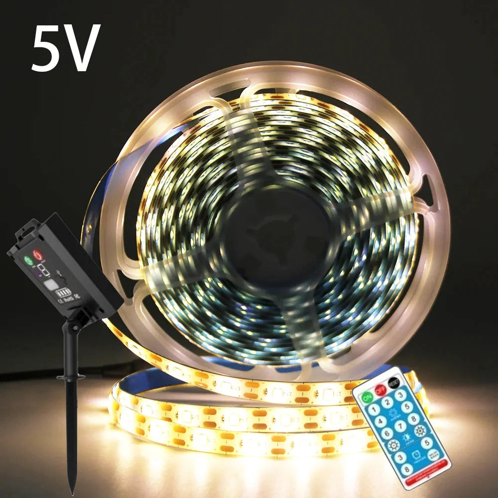 5V Solar LED Strip Light Remote Control 2835 60 LEDs Flexible Tape Lights Waterproof Warm White 0.5m 1m 2m 5m Garden Decoration
