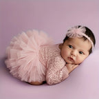 Newborn Lace Flower Headband And Bodysuit Set For 100th Day Baby Photoshoot Outfit Infant Photo Prop Baby Shower Gift