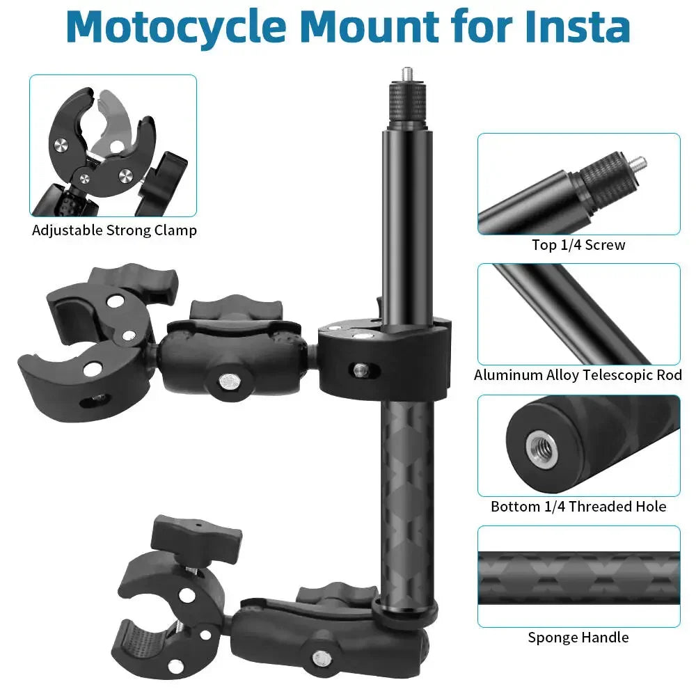 Motorcycle Mount kit for Insta360 X5 X4 X3 X2 RS DJI GoPro Double Clamp Handlebar Selfie Stick for Insta 360 Mount Accessories