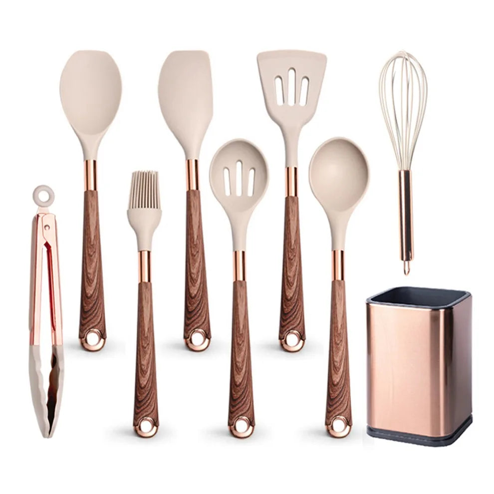 Silicone cooking utensils set with holder bucket, nonstick safe heat resistant, beige/black