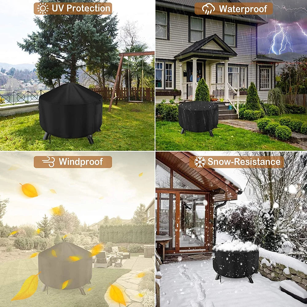 Black Waterproof Patio Fire Pit Cover Round Table Cover Round BBQ Accessories Grill Cover Anti-UV Dust Rain Barbecue Supplies
