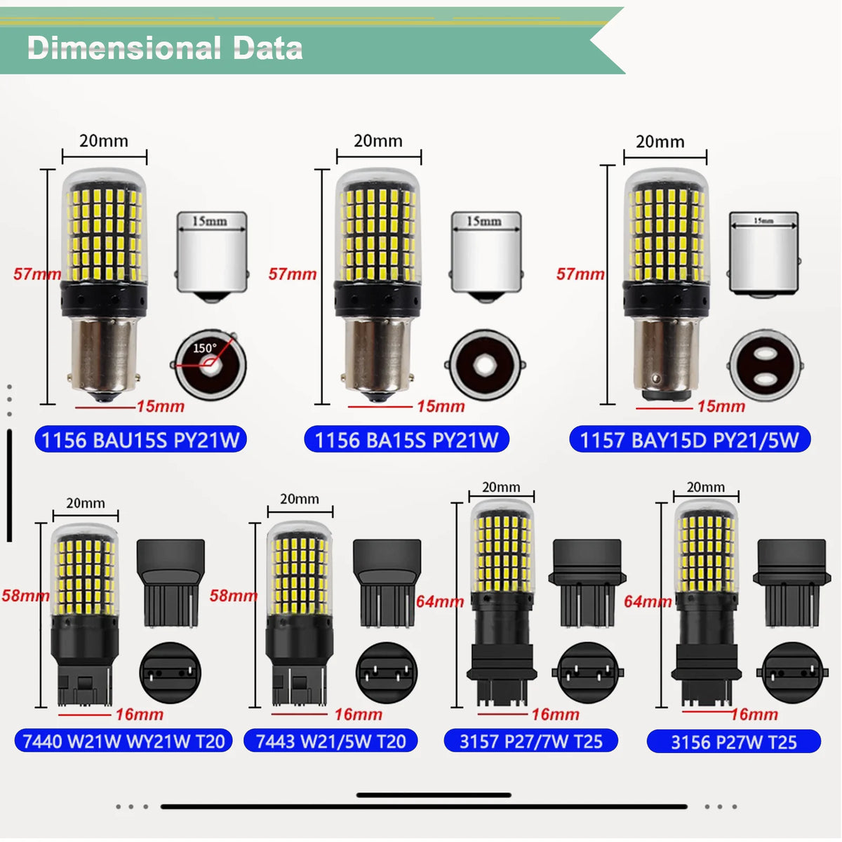 10Pcs BAU15S PY21W 1156 BA15S P21W 7440 W21W T20 7443 W21/5W 3157 1157 BAY15D P21/5W LED Bulb Car Light 2800LM 6000K White 12V
