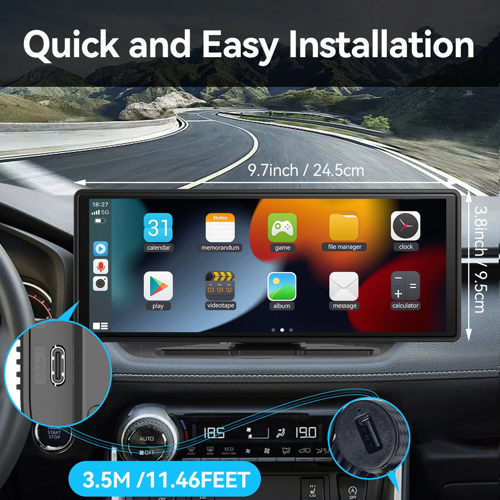 Universal Portable Wireless CarPlay Screen with Android Auto Touchscreen, Rear Camera Options