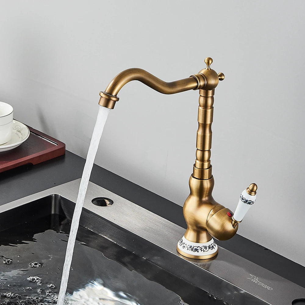 Antique Brass Bathroom Faucet Rotating Spout Basin Sink Mixer Tap Bathroom Kitchen Washing Faucet Washbasin Taps Kitchen Mixers