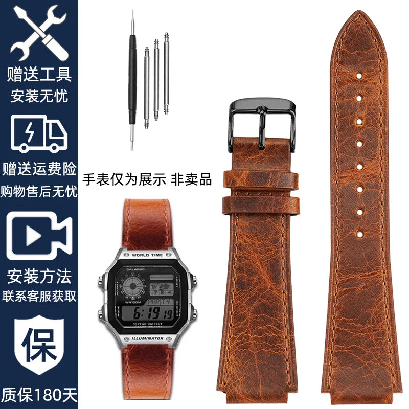 Retro Genuine Leather Watchband For Casio AE1200 AE1300 A158W/A168 W-216H Vintage Watch Strap convex mouth Men's Bracelet 18MM