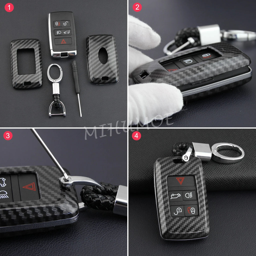 Carbon Fiber Car Key Fob Cover Chain Case For Land Range Rover Sport Evoque Defender 90 110 130 Discovery Velar Jaguar XF F-PACE