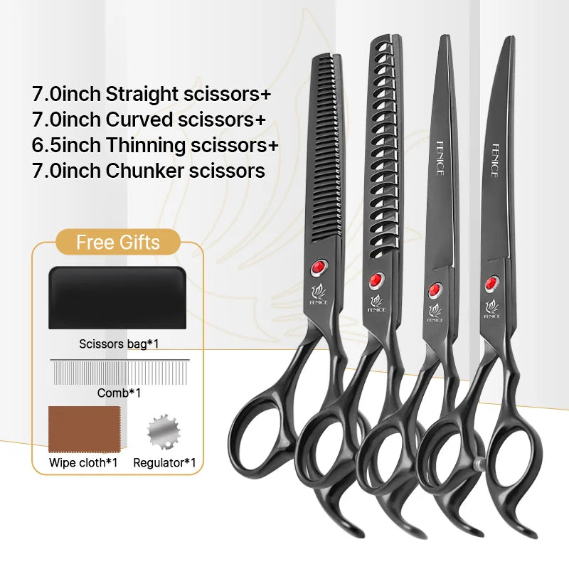 Fenice New design colorful 7.0 inch pet grooming scissors set straight thinning curved scissors