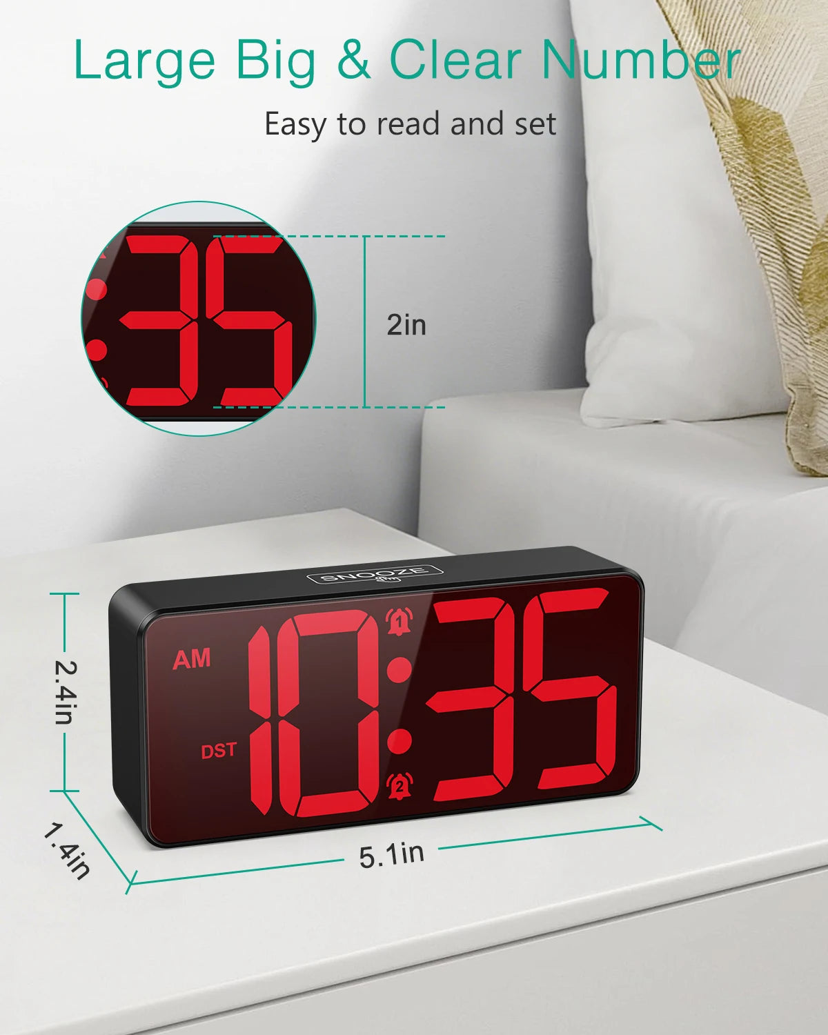 ORIA Digital Alarm Clock Battery Powered LED Alarm Clock Large Display Small Clock With Dual Alarm，DST, Snooze for Home Office