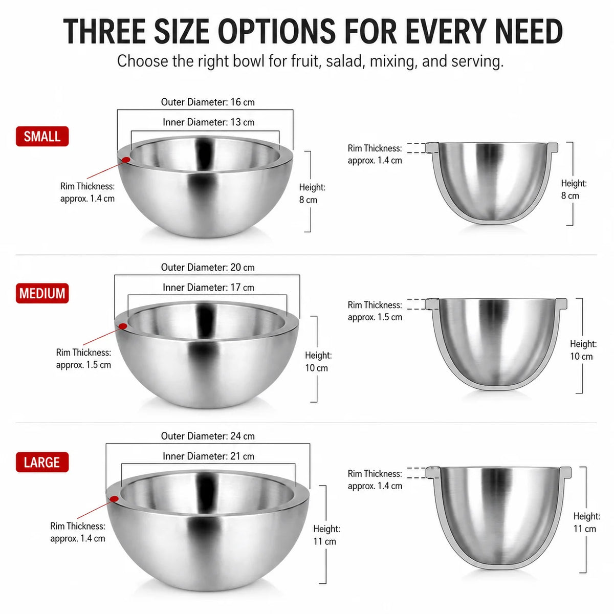 Stainless Steel Double Wall Insulated Serving Bowl for Ice Chilling, 16/20/24cm