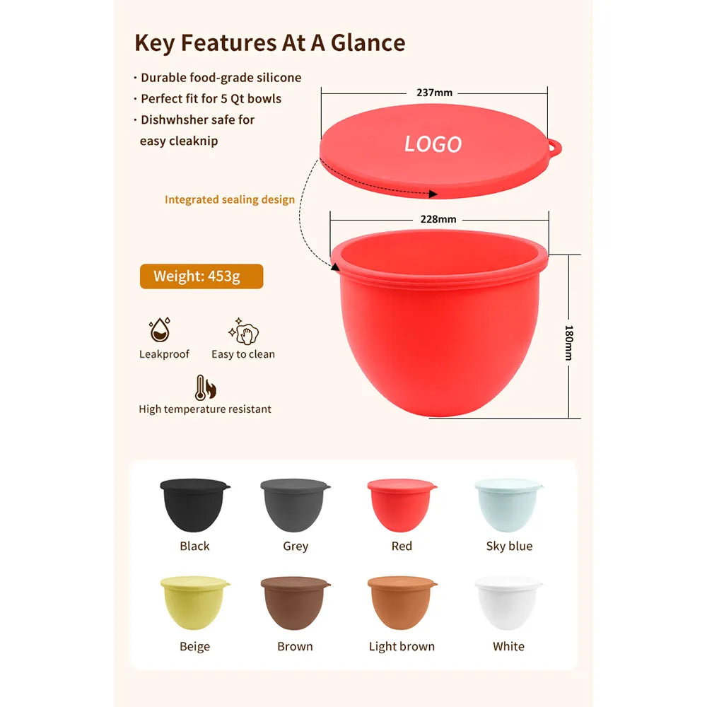 Silicone Bowl With Lids for Kitchen Aid Tilt-Head 5 Qt Mixer Heat Resistant Non Slip Reusable Mixer Attachment Baking Accessory