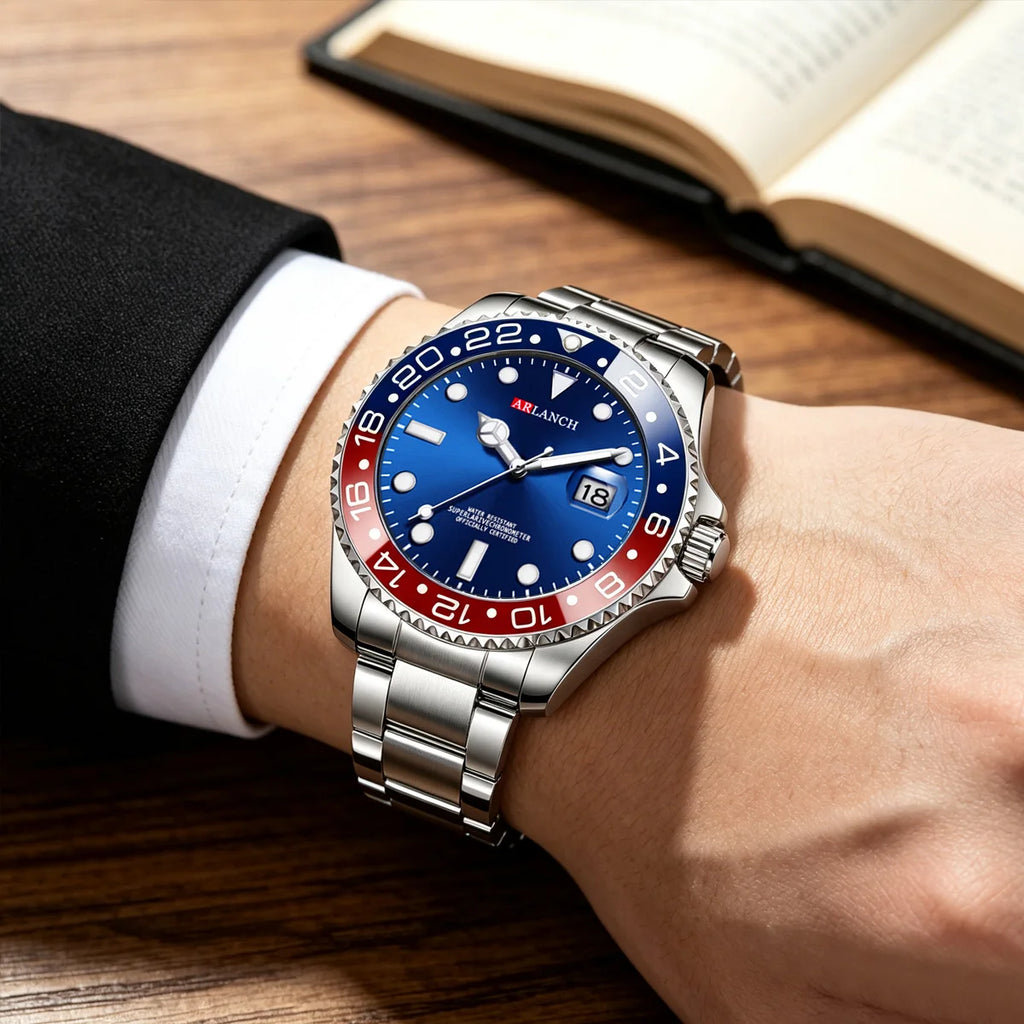 Stainless Steel Quartz Wristwatch 40mm with Date Magnifier, Red/Blue Bezel