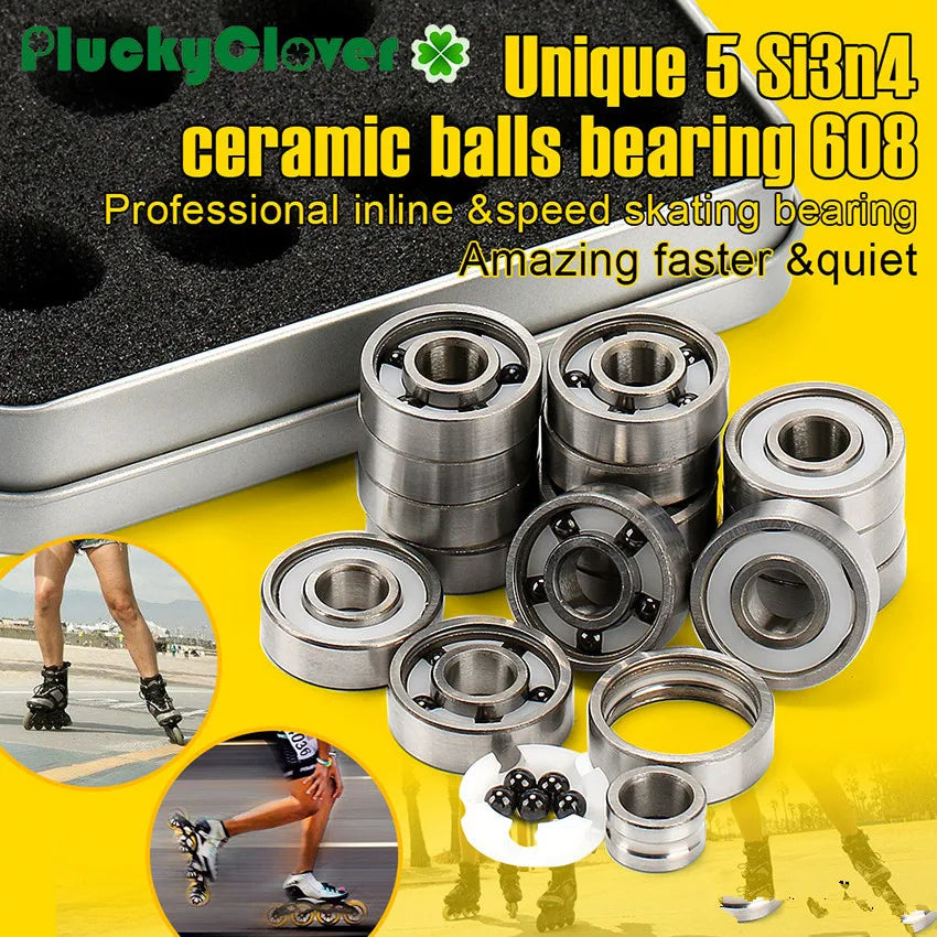 608 RS Black Ceramic Ball Bearings for Inline Skates, 5 Ball, 10pc or 16pc Set