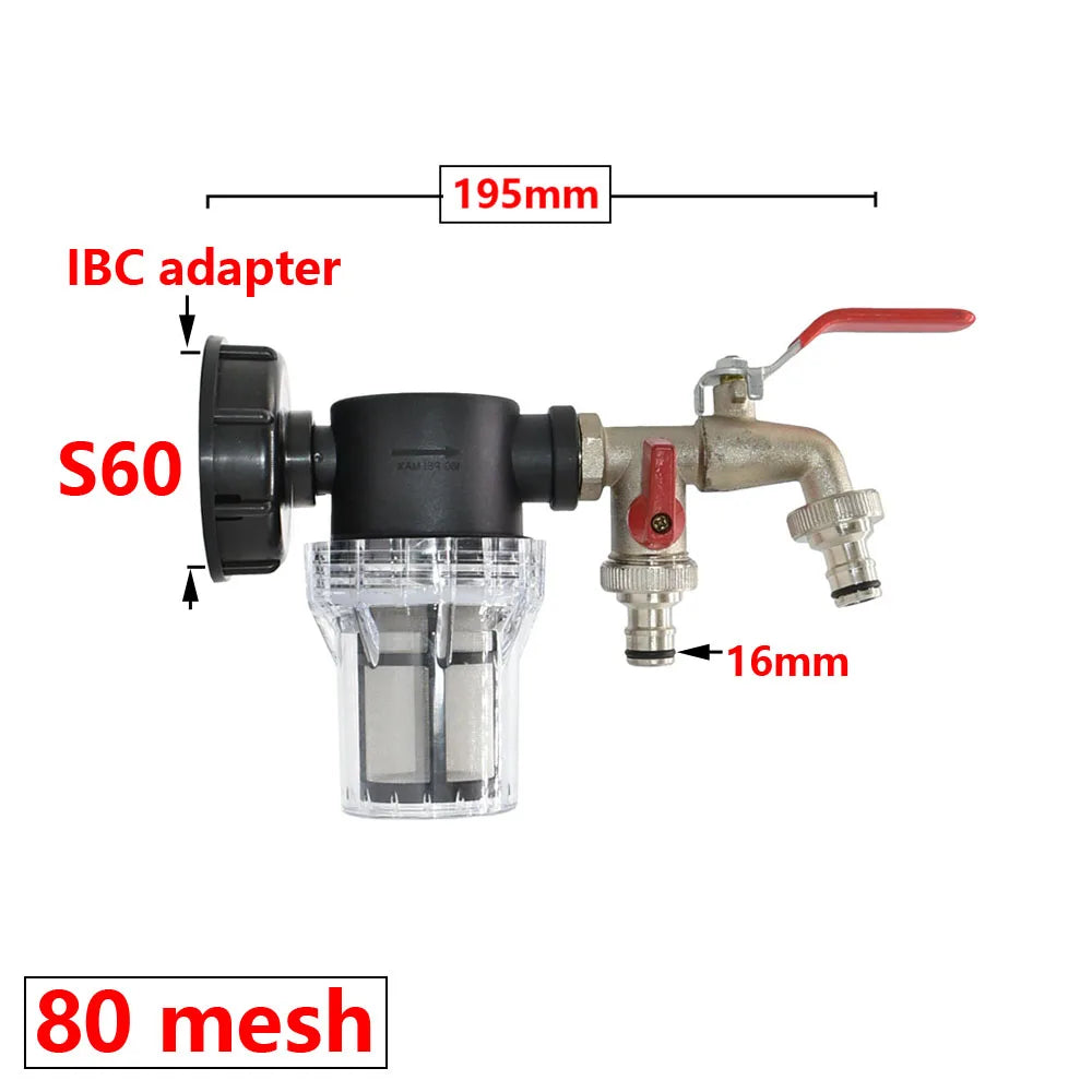 IBC Tank Tap Water Filter Strainer, 1/2 3/4 1 Inch, S60 Adapter for Garden Irrigation