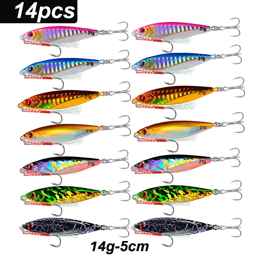 14Pcs Metal Jig VIB Fishing Lure 14G 21G 30G Sinking Lures Sea Jigs Spoon Winter Fishing Good For Fishing Jigging Hard Ice Bait