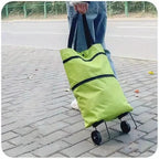 2-in-1 Foldable Shopping Cart Bag Trolley with Wheels, Waterproof Rolling Tote, Black/Green