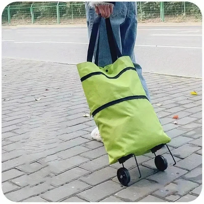 2-in-1 Foldable Shopping Cart Bag Trolley with Wheels, Waterproof Rolling Tote, Black/Green