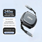 240W Retractable Fast Charging Cable USB C To C Auto Coiling for Travel Charging Phone Tablet Laptop for IPhone Samsung