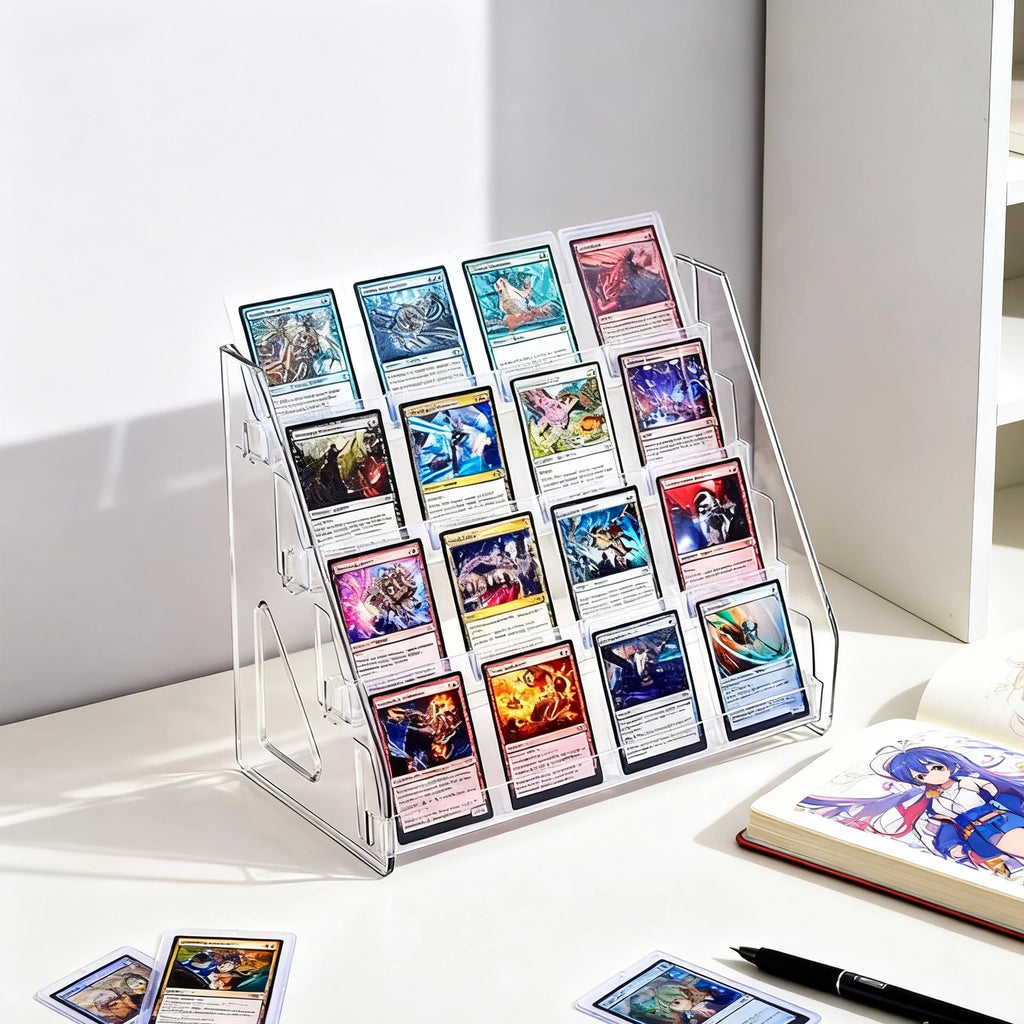 4 Tier Acrylic Trading Card Display Stand, Holds 16 Graded Cards Clear Shelf for PSA BGS SGC Slabs, Toploaders, TCG Sports Cards
