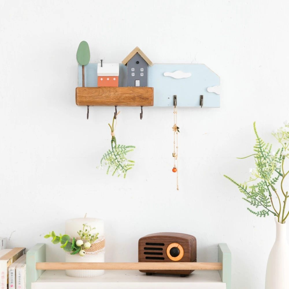 Wooden wall key hook rack with shelf, decorative storage organizer, assorted styles