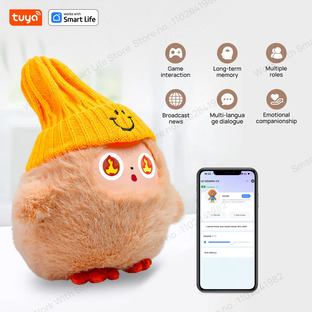 Cute Nunu-AI Plush Toy W/Smart Voice&LED Eyes,Interactive Companion ReadyRechargeable E-Pet open up fun life W/Tuya App-Khaki