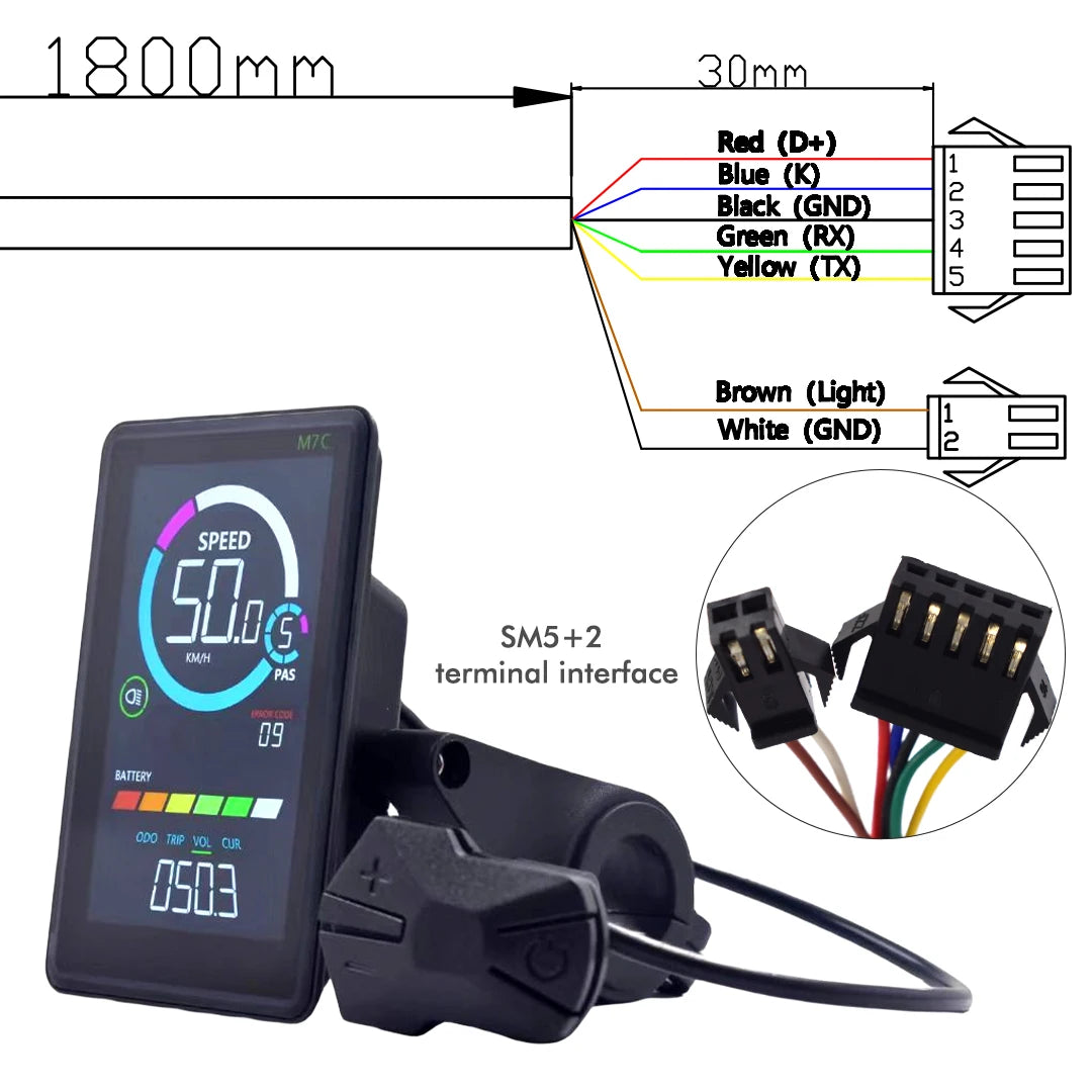 M7C-2 Electric Bike LCD Display Meter UART2 with USB, 24V-60V, 5/6 Pin Options