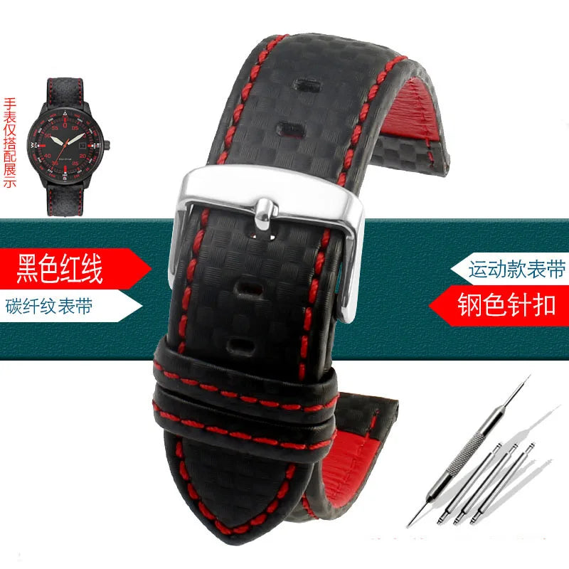 Carbon Fiber Pattern Leather Watch Strap 18mm 20mm 21mm 22mm 23mm 24mm Black Red Orange Stitching Watchband Bracelet Wristband