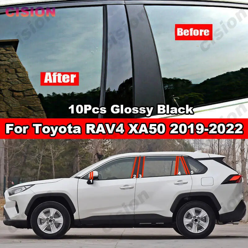 10x Carbon Fiber Black Car Window Door Column B C Pillar Post Cover Trim for Toyota RAV4 XA50 2019-2022 Mirror Effect PC Sticker