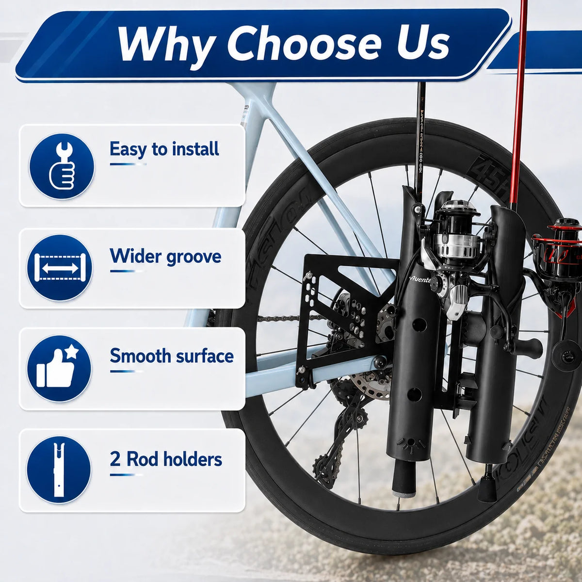 Bicycle Fishing Rod Holder Mount Rack, 2 ABS Holders, Iron Plate, Adjustable Clamp Straps
