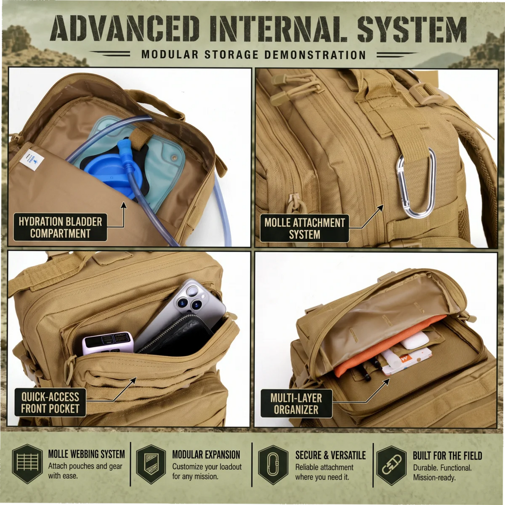 24L Tactical Backpack with Molle Webbing, Unisex Outdoor Hiking Camping Travel Daypack